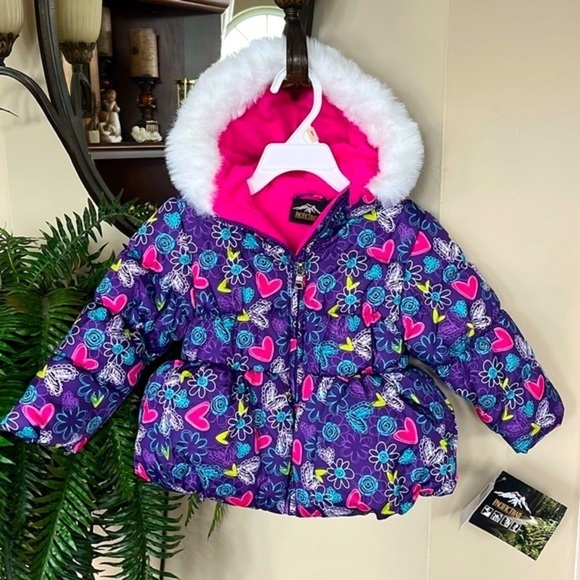 Brand New Pacific Trail Purple Graffiti Hooded Puffer Zip Up Coat Winter Jacket - Picture 1 of 16